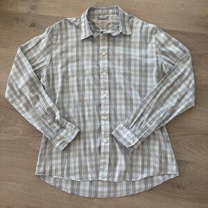 Fatherly Brand Men’s The Movement white & blue plaid button up shirt size Larg